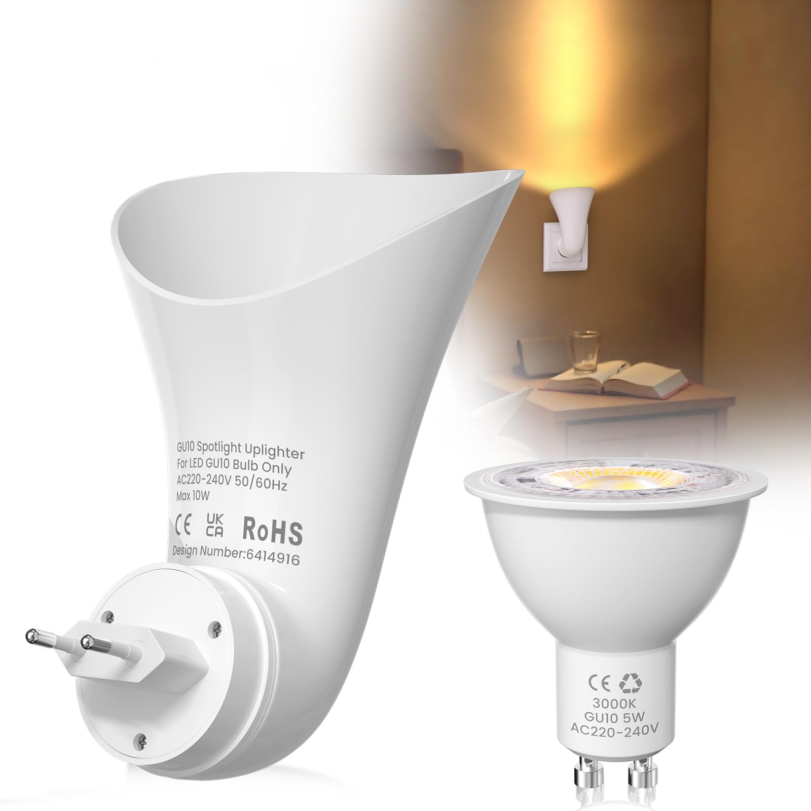 GU10 Plugin Foco Uplighter, GU10 Led Aplique Lampada Pared con EU Enchufe para Dormitorio, Luz Cálida 3000k (LED Bombilla inclusa)