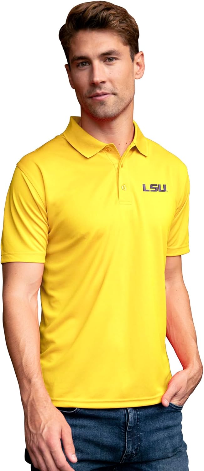 Vantage Apparel Men's Collegiate Premium Moisture Wicking Dark Gray Icon Polo, LSU Tigers, Gold, X-Large