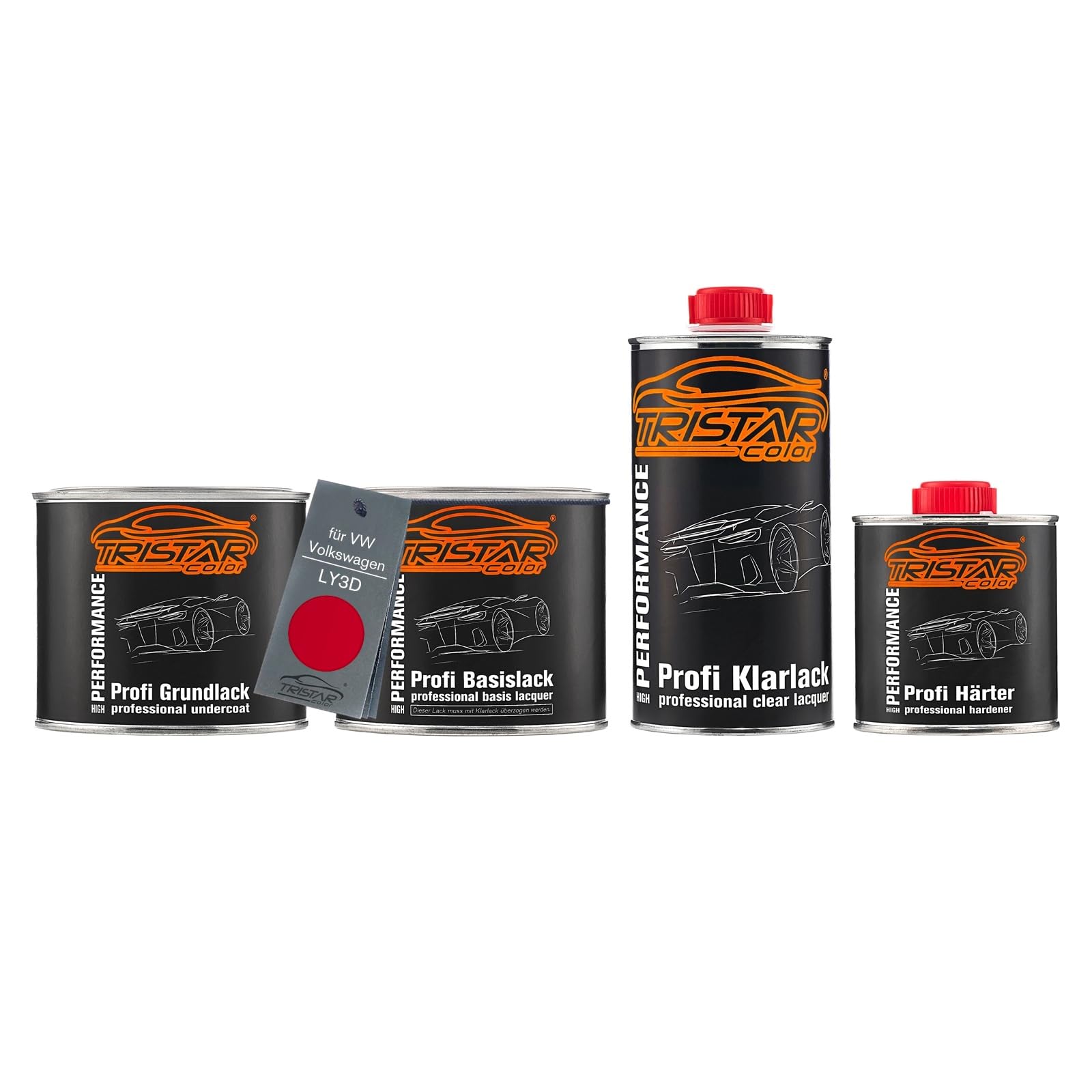 TRISTARcolor Autolack Dosen Set für VW/Volkswagen LY3D Tornadorot 1,75L | Set aus Grundlack + Basislack + 2K Klarlack + Härter, Literware, spritzfertig