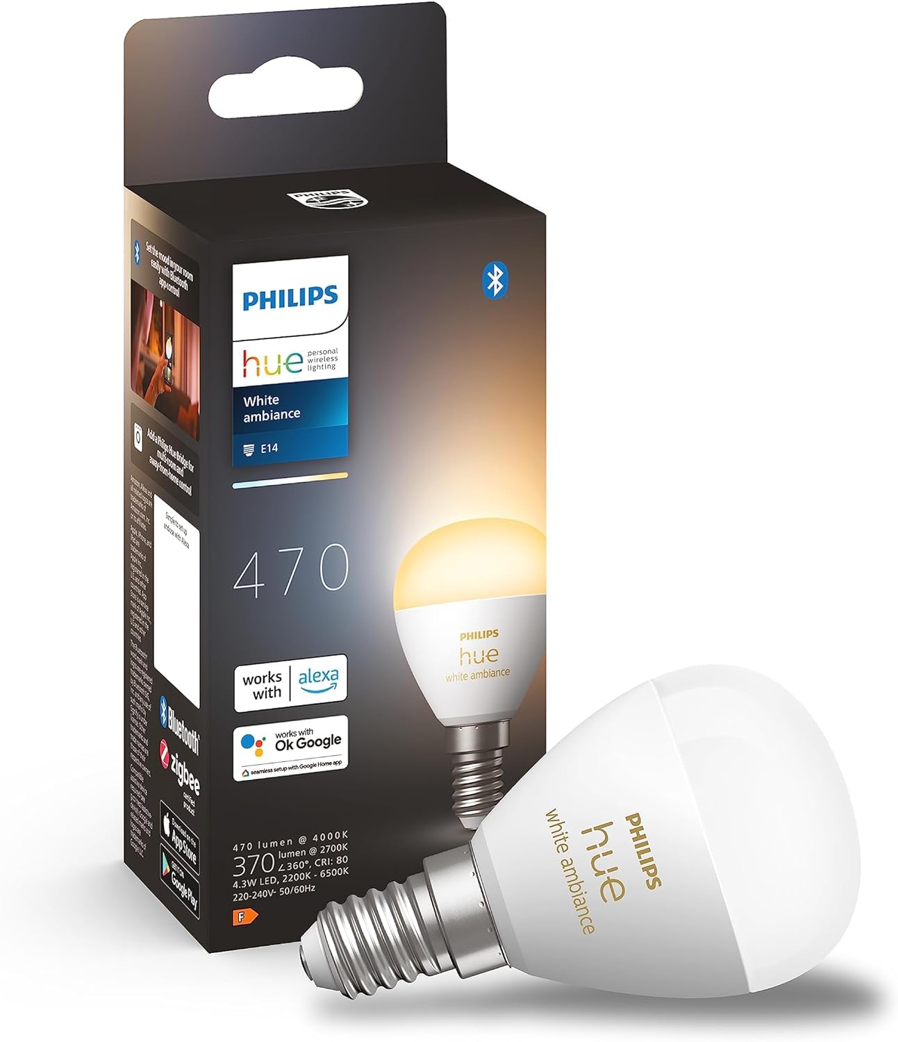 Philips Hue Philips Hue White ambiance, ampoule LED connectée sphérique compatible Bluetooth, E14, fonctionne avec Alexa, Google Assistant et Apple Homekit