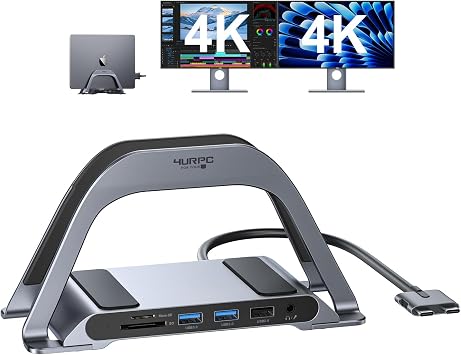 4URPC MacBook Pro Docking Station Dual Monitor 4K@60Hz with 100W Power Adapter, USB C Docking Station Vertical Stand for MacBook Pro/Air with 2 HDMI, USB 3.0, SD&micro;SD, Ethernet, Audio