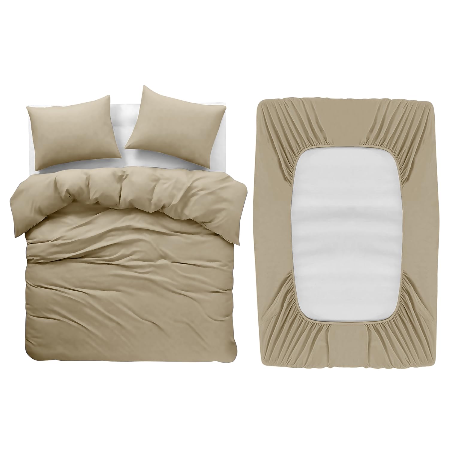 BedLooms 4 Piece Double Bedding Set Beige Duvet Cover Sets Fitted Sheet with Pilow cases Double Duvet Set Soft and Fade Resistant Brushed Microfiber Bedding Quilt Cover Set