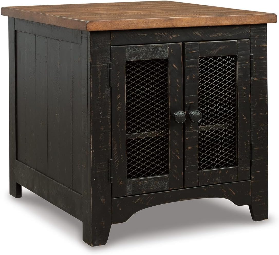 Valebeck Farmhouse Rectangular End Table with Storage, Distressed Brown & Black Finish