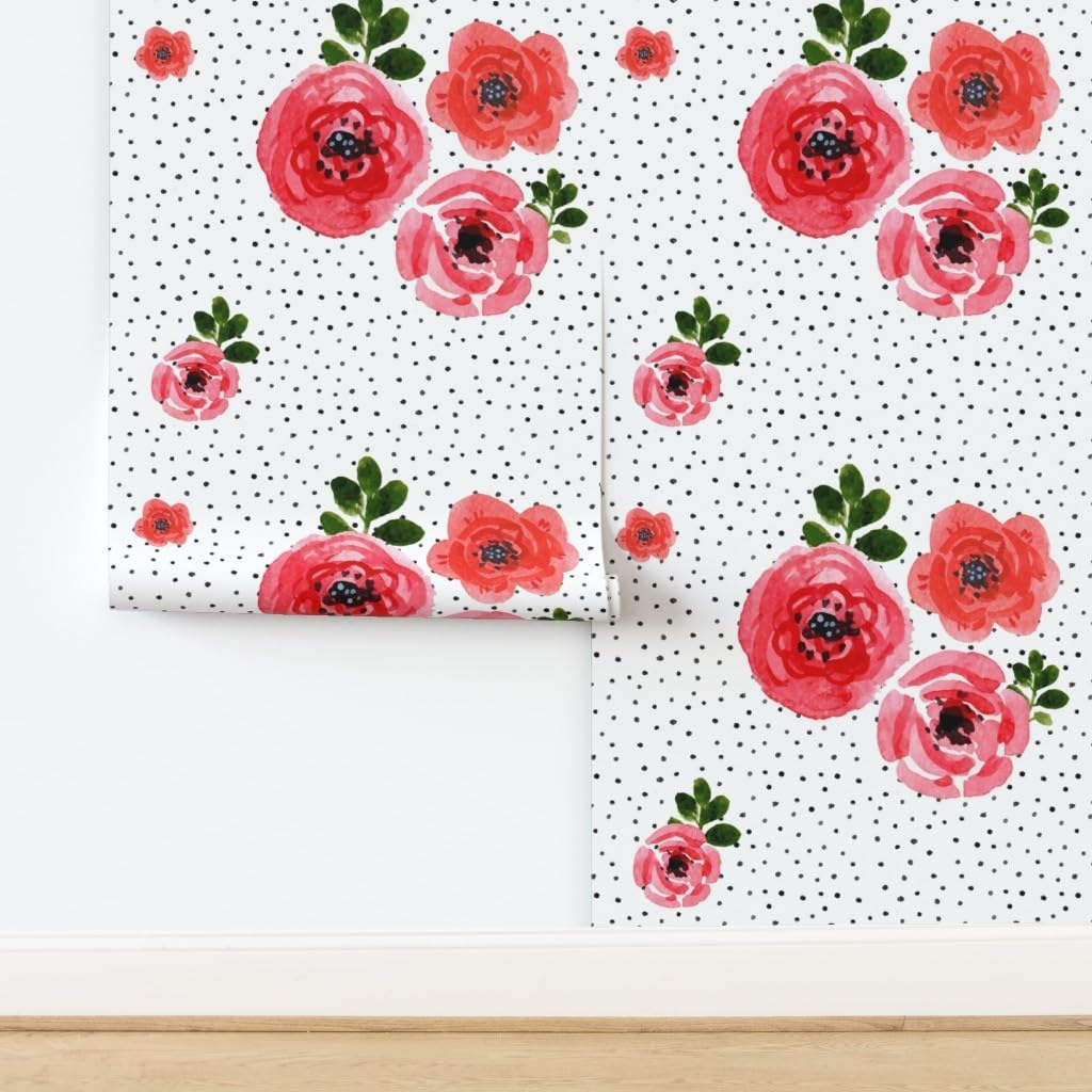 Peel & Stick Wallpaper 3ft x 2ft - Roses Shibori Black Polka Dots Pink White Flowers Floral Custom Removable Wallpaper by Spoonflower