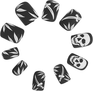 LIFKOME 24 St Halloween Korta Svarta Tryckbara Naglar med Skalle Design Slitstark Plast Självhäftande Fulltäckt Falsk Manicure för Snabb och Enkel Skräcknagelkonst vid Temafester