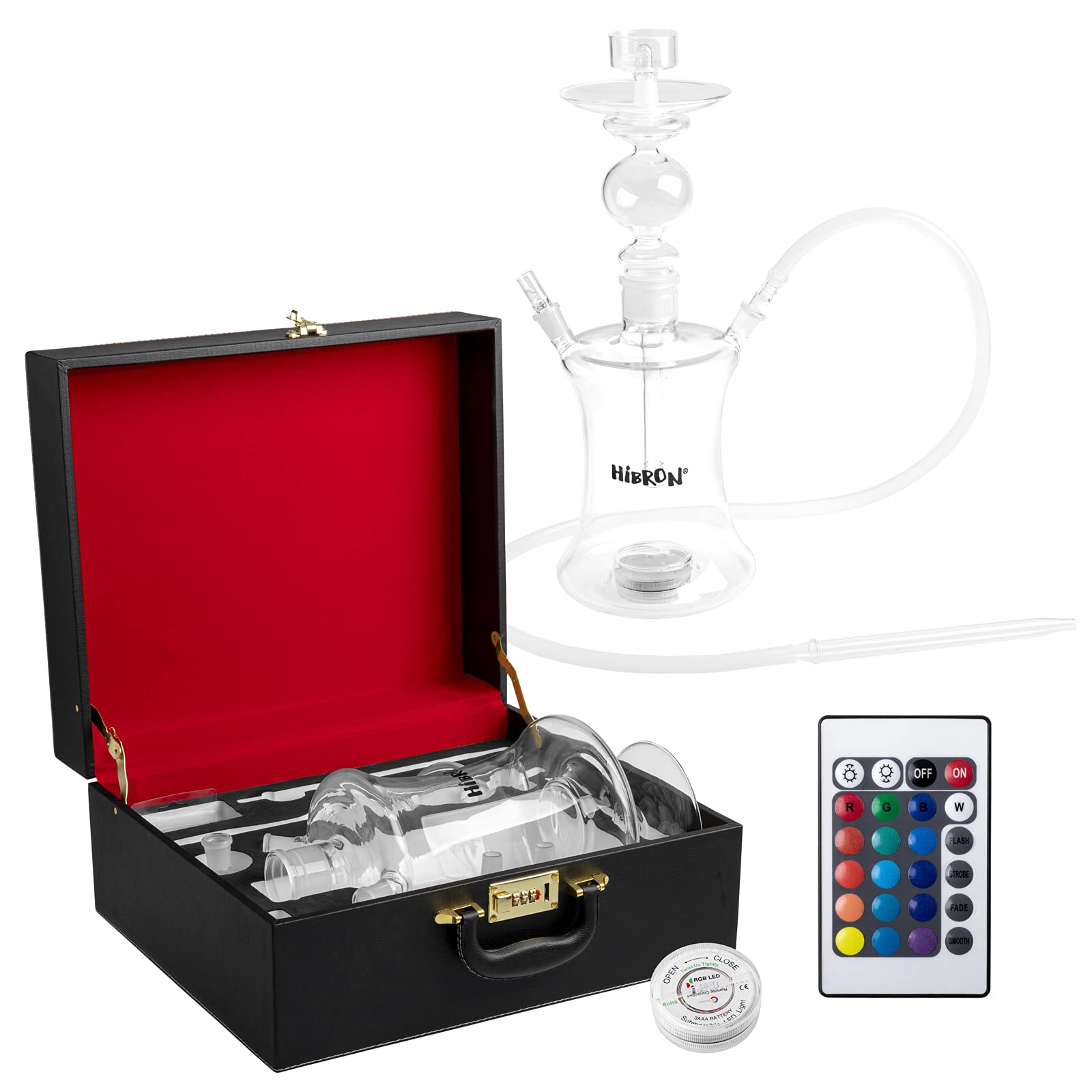 HIBRON Cachimba Buena Grande Profesional 52cm Premium Kit Completo de Cristal Transparente, con 1 Manguera de Silicona, Luz LED, Mando a distancia y Maletín.