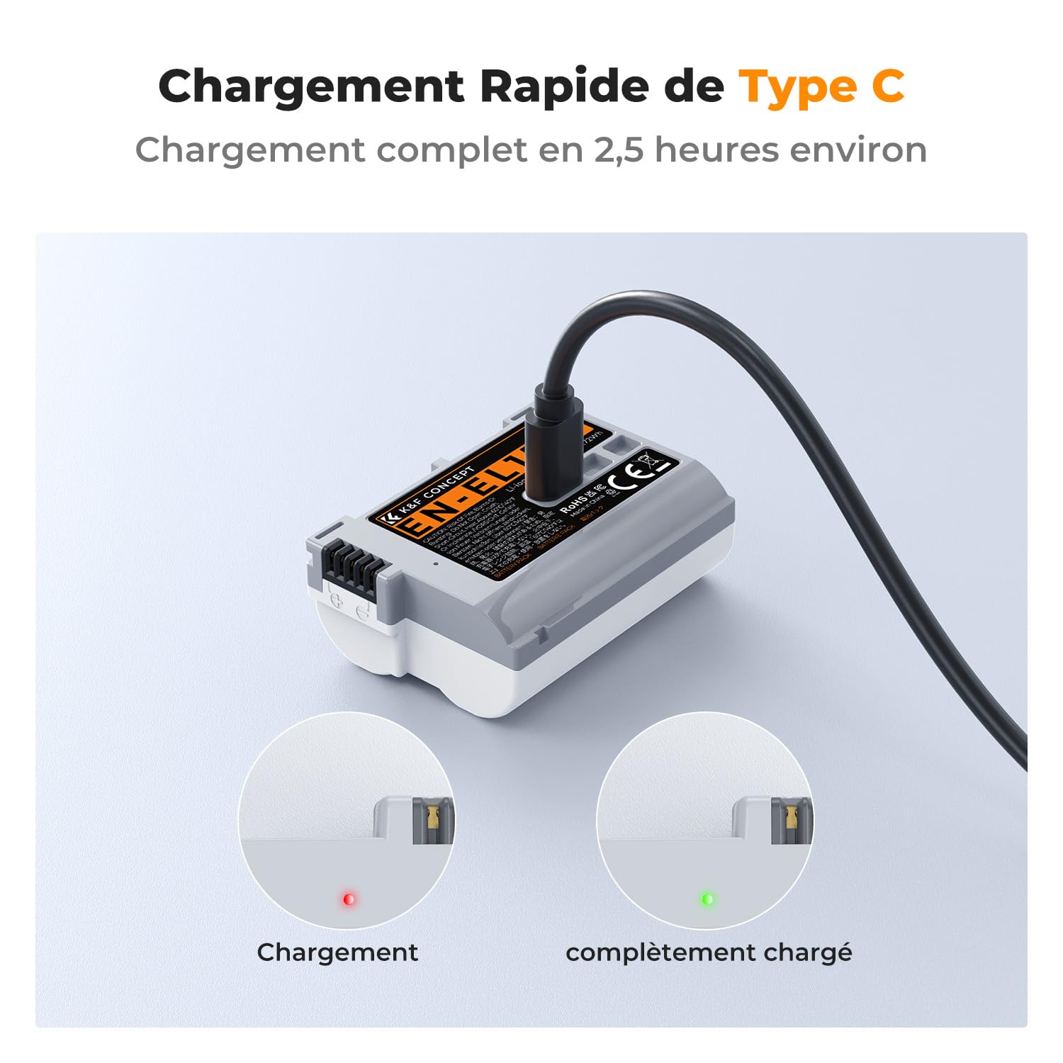 K&F CONCEPT EN-EL15C Batterie 2600mAh USB C 2.5H Chrage Rapide Batterie EN-EL15 Compatible avec Nikon Z8, Z7, Z6, Z7ii, Z6ii, Z6iii, Zf, Z5, D850, D810, D810A, D780, D750, D610, D500, D7500, D7200