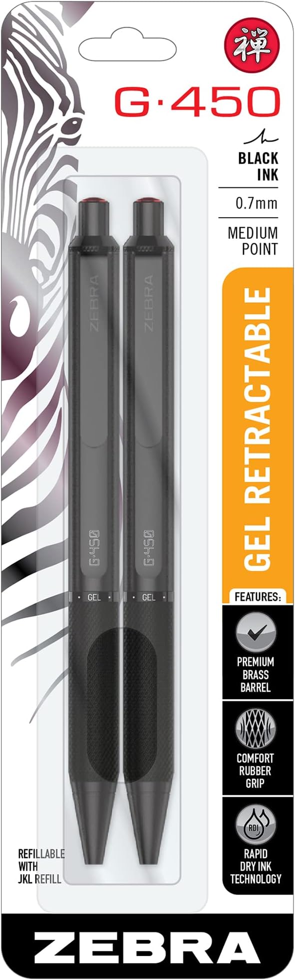 STEEL G-450 Retractable Gel Pens, Black Ink, 0.7mm Medium Point, Rapid Dry Ink – No Smears or Smudges, Weighted Brass Barrel, Refillable, 2-Pack, (49512)