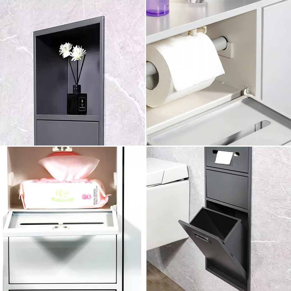 Estante de ducha rectangular blanco con armario de almacenamiento impermeable y soporte de papel higiénico para accesorios de cocina y baño, 23 x 67 x 14 cm