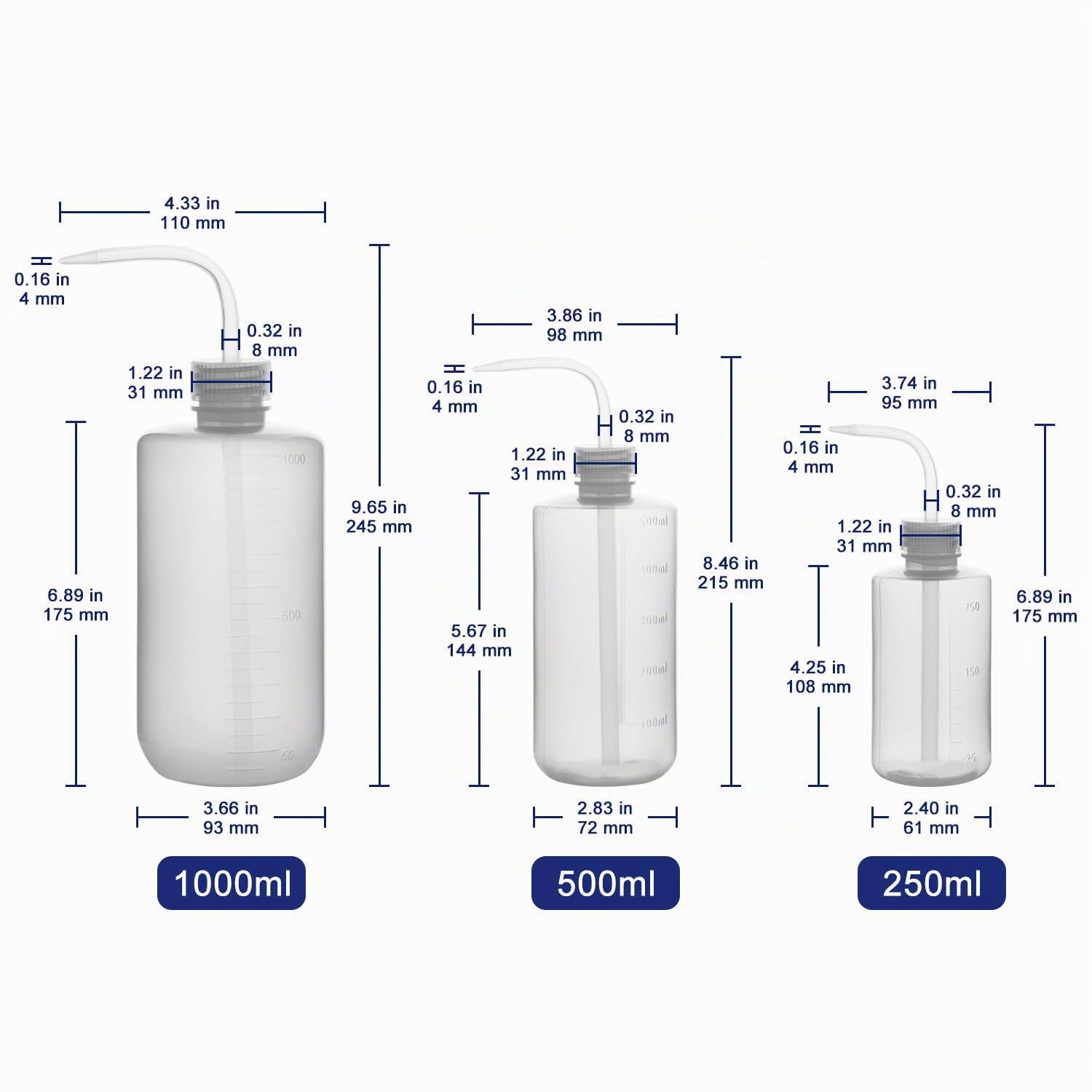 Labasics Chemische Waschflaschen, 3er-Pack Kunststoff Sicherheit Lab Squeeze Flasche Waschen Flasche, LDPE mit schmalem Mund Chemical Wash Bottle, 250 + 500 + 1000 ml (8 oz)/3 Stück