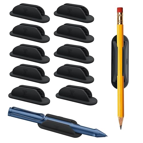 Tiizze Adhesive Pencil Holders for Desk Set of 10 - Silicone Pen Holder with 15 PCS Upgraded Adhesive Pads - Flexible Pencil Holder for Walls Clipboards, Office Essentials Accessories Teacher Supplies - Black