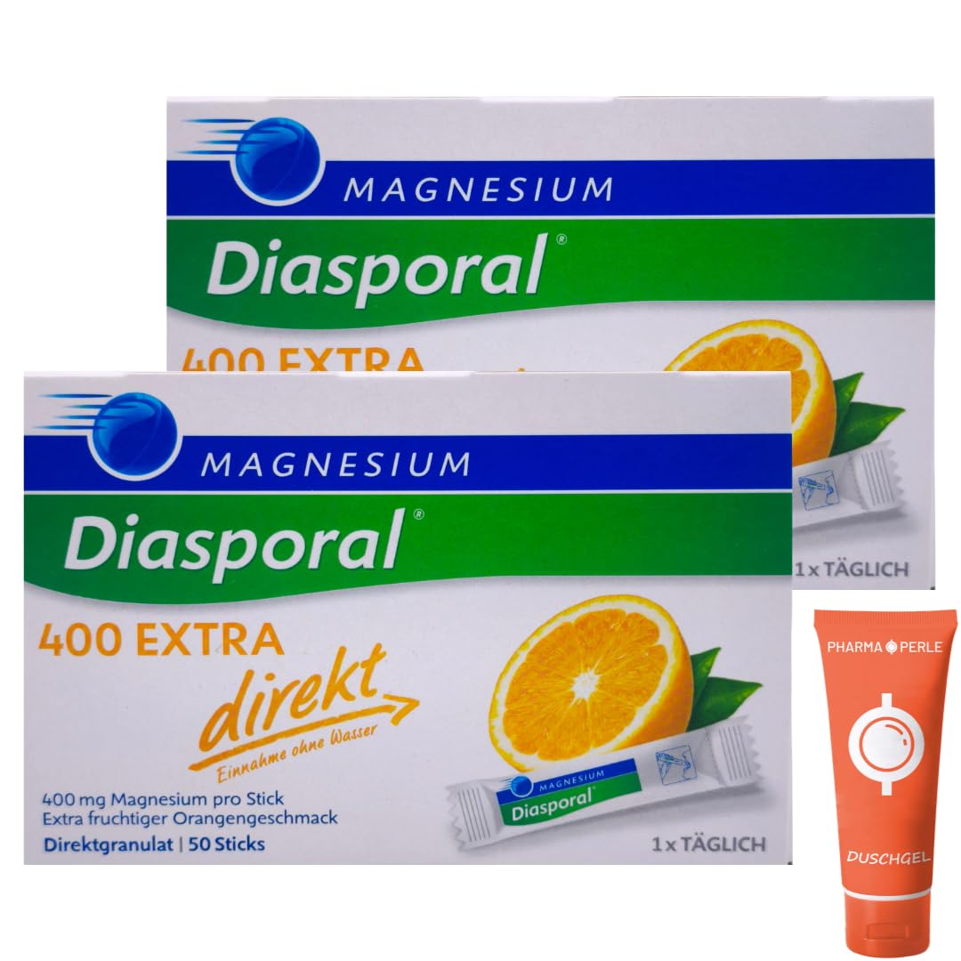 Magnesium Diasporal 400 EXTRA direkt 50 Sticks I Magnesium hochdosiert 400 mg I Direktgranulat ohne Wasser I Magnesium Sticks fruchtig Orange I vegan, zuckerfrei I mit Pharma Perle Duschgel (2x)