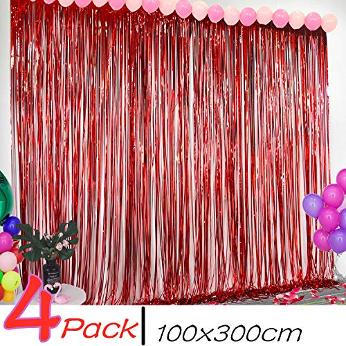 BangShou 4 Pack Cortinas de Malla Metálica 1m x 3m Cortina de lámina Franjas Decoración Fondopara Fiesta de Cumpleaños para Ventanas Puertas Paredes (Rojo)
