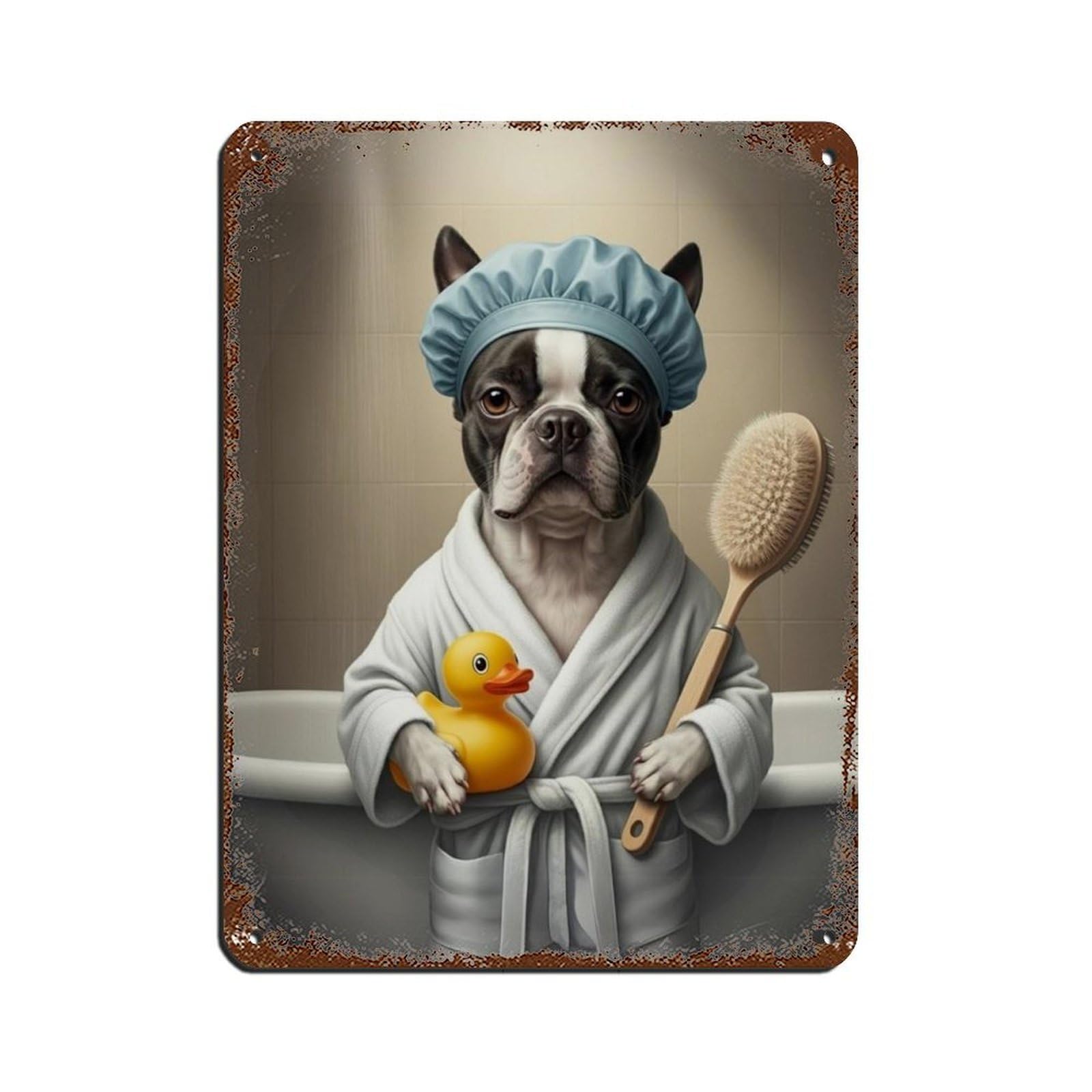 Dog with Rubber Duck Wearing Bathrobe Tin Sign Vintage Metal Pub Club Cafe Bar Home Wall Art Decoration Poster Retro 12x16inch(30x40cm)