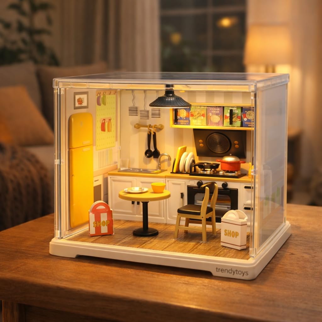 DIY Miniature Kitchen Room Kit with LED Light & Dust Cover – Handmade Dollhouse Mini Scene Building Set with Furniture, Table, Chair & Home Decor Craft Kit for Teens, Adults & Collectors-image-12