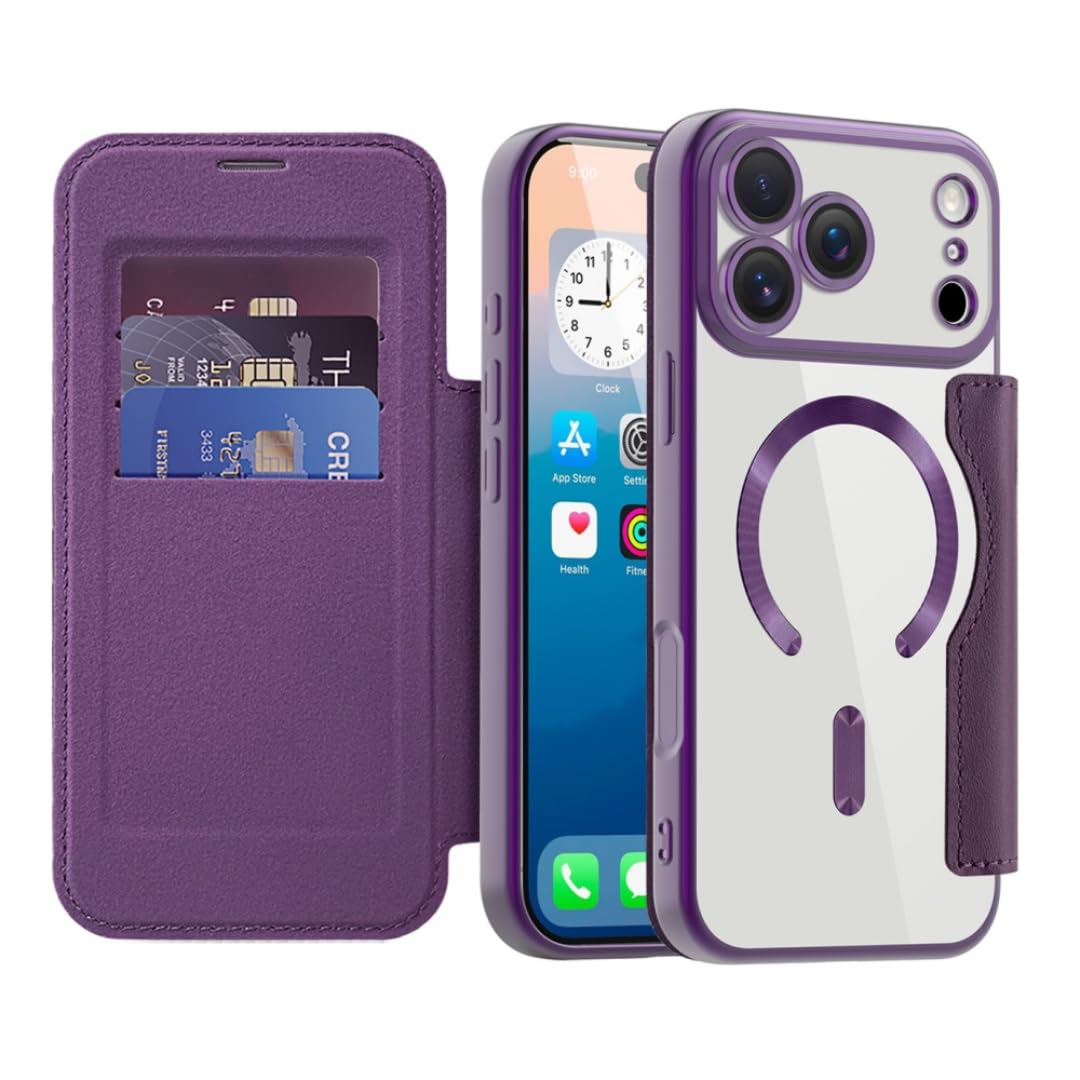Protège-écran étui iPhone 15 violet cuir aimanté anti-rayure look professionnel - 7