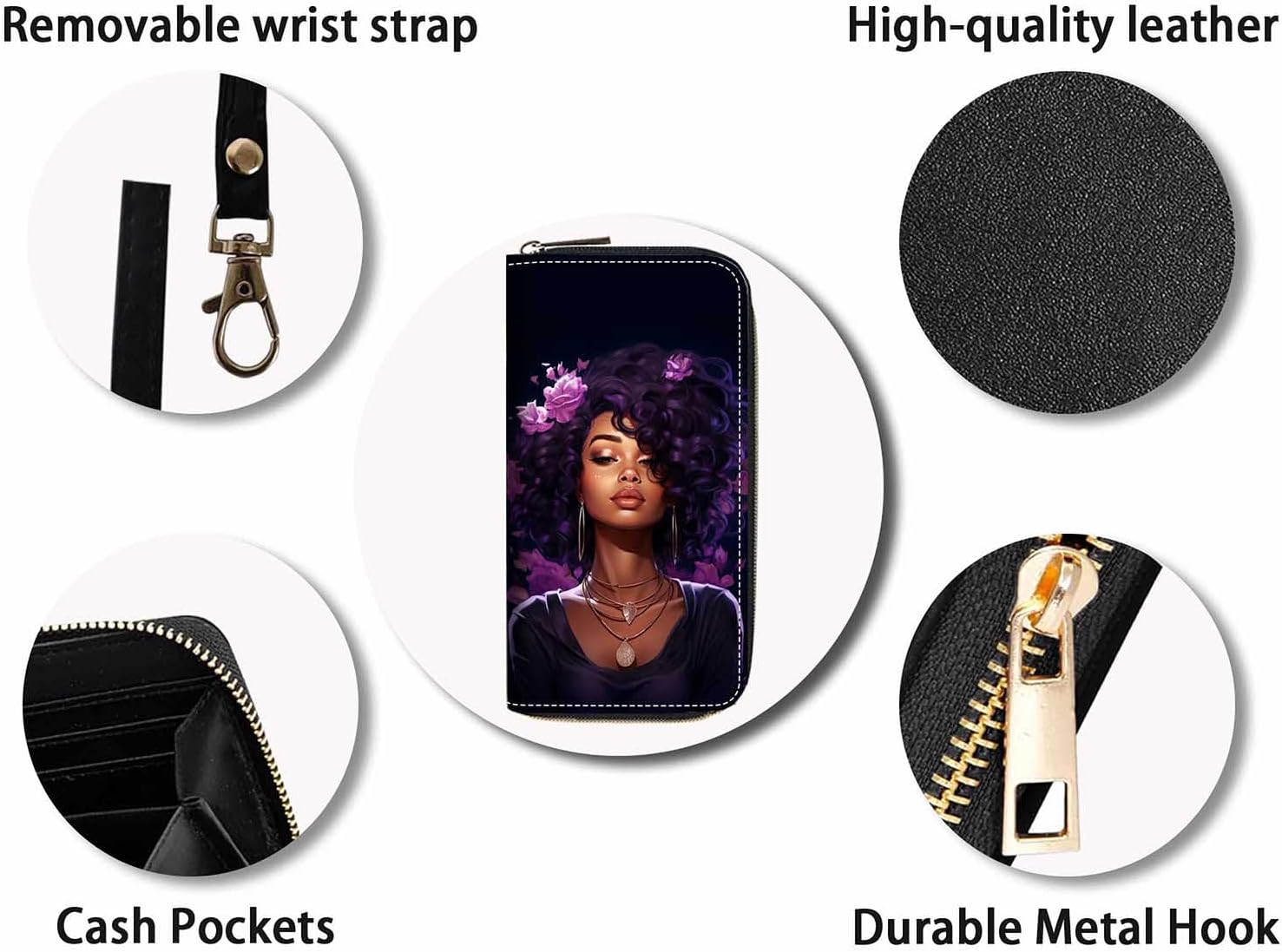 African American Girl Print Women Large Capacity Wallet PU Leather Zipper Clutch Purse for Smart Phone/Card/Coin/Cash image 4