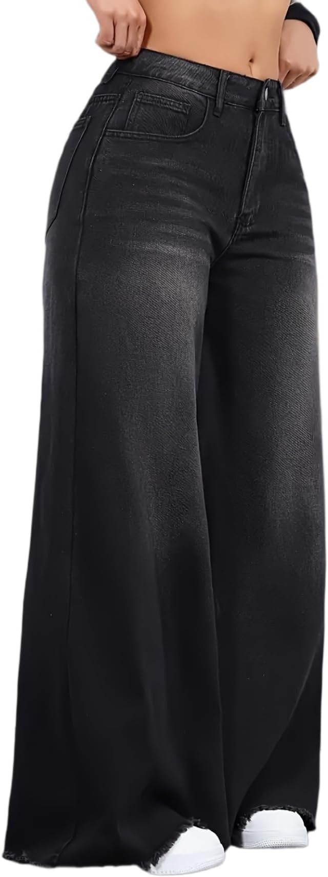 Women'S Black Loose Wide Leg Frayed Edge Fashion New Tassel Design High Street Wide Leg Jeans A-Line Flared