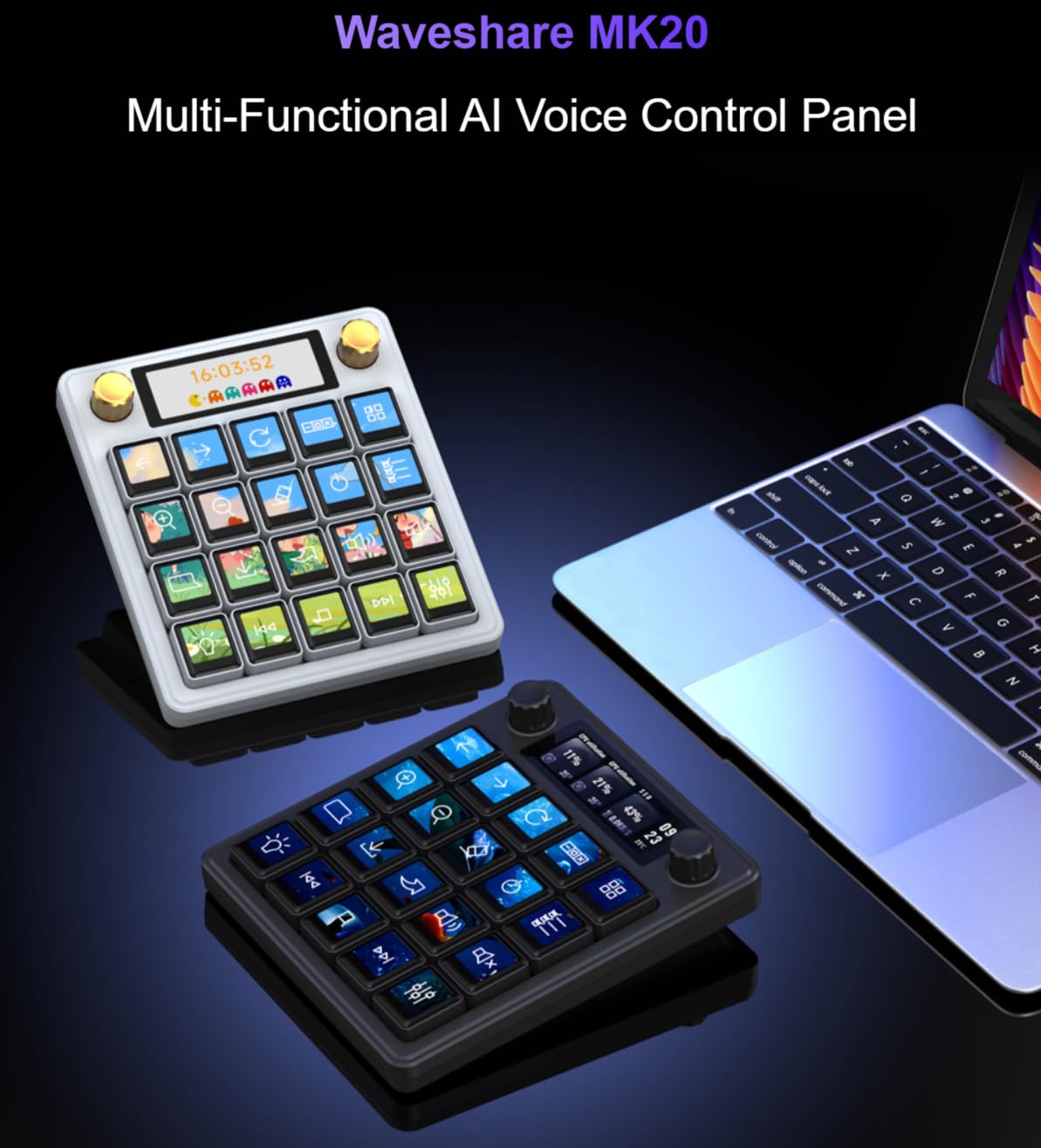 TUOPUONE MK20 Multifunktionales AI-Sprachsteuerungsfeld, schwarz, integrierte 20 × 2,2 cm mechanische LCD-Makro-Tasten und ein 7,1 cm Sekundärbildschirm, Stream-Controller-Deck, Stream-Zubehör