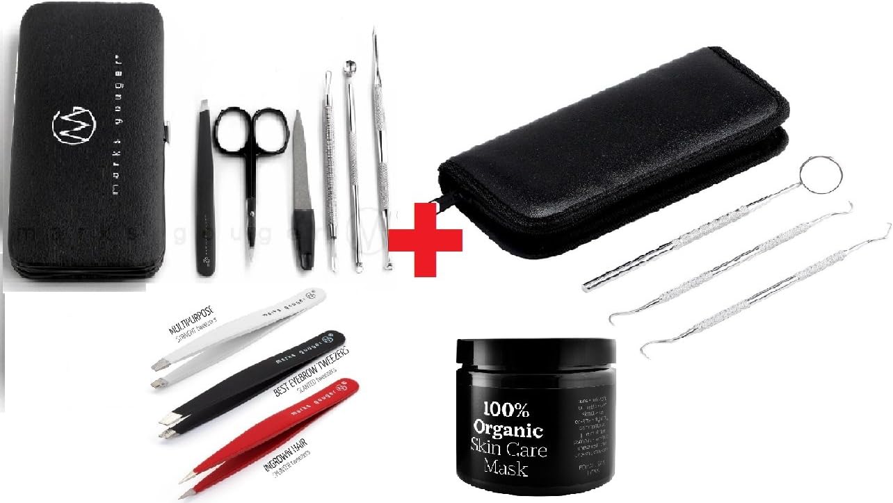 Tweezers Set Of 3 + Blackheads and Pimples Remover Tools & Manicure Set + Tarter Scraper -Scaling Instrument, Toothpick & Oral Mouth Mirror + Premium Facial Black Mud Mask BY MARKS GOUGER