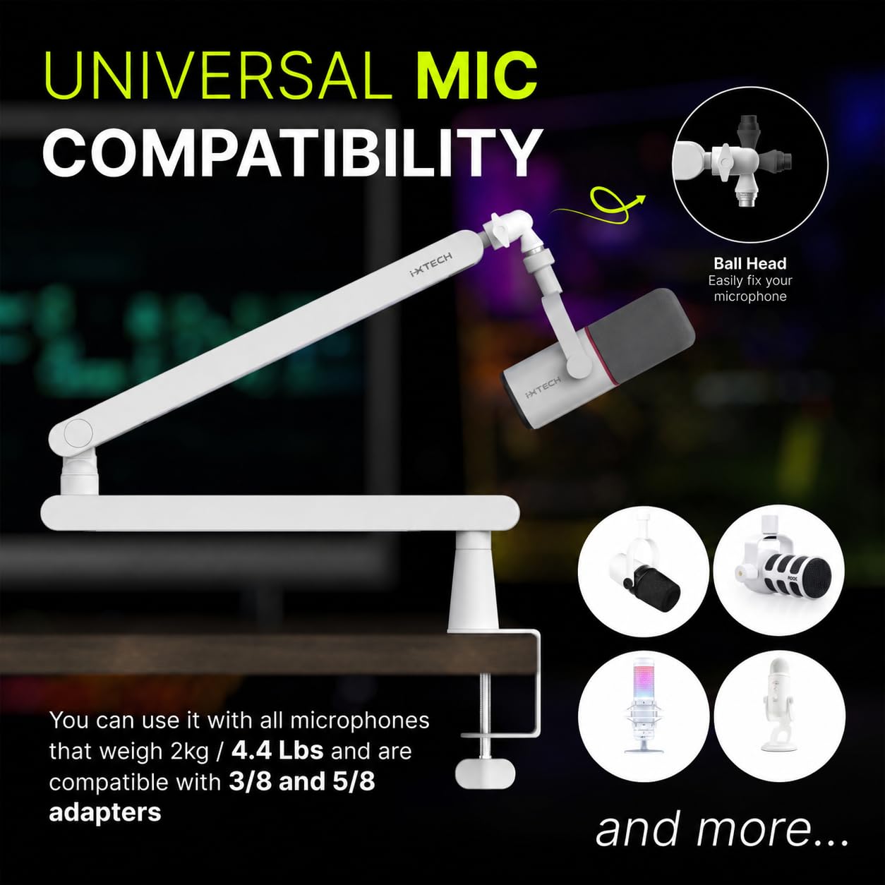 IXTECH Bras de microphone blanc à profil bas réglable avec gestion des câbles intégrée, bras pivotant à 360 °.