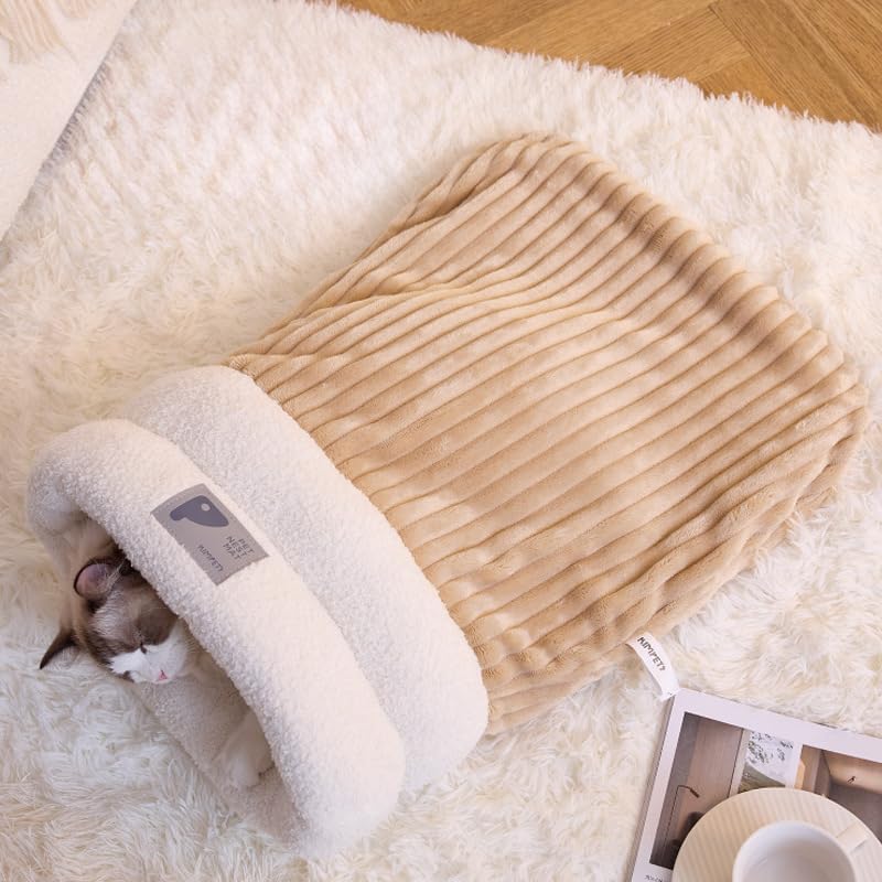 Wag&Wink 秋冬 ペット用寝袋 布団 猫ベッド 冬 暖かい 秋冬 防寒 保温 もこもこ ハウス 小型犬 猫 可愛い 柔らか 顎のせ 寝床 デザイナー設計 綿フランネル+コールテン+ファー ブラウン/グレー (ブラウン)