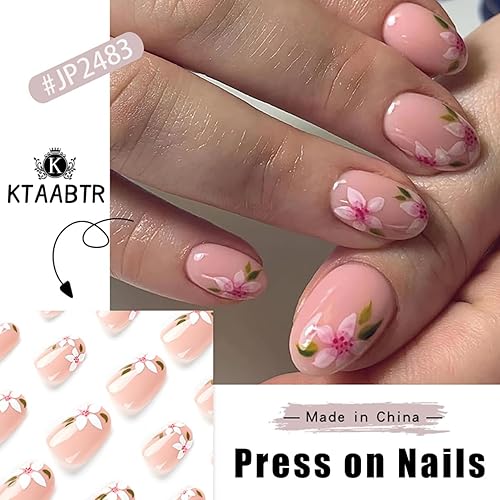 Miniatura 5 de KTAABTR 24 uñas postizas a presión con diseño de flores, color rosa, con diseño de flores, uñas acrílicas, uñas adhesivas de cobertura completa con