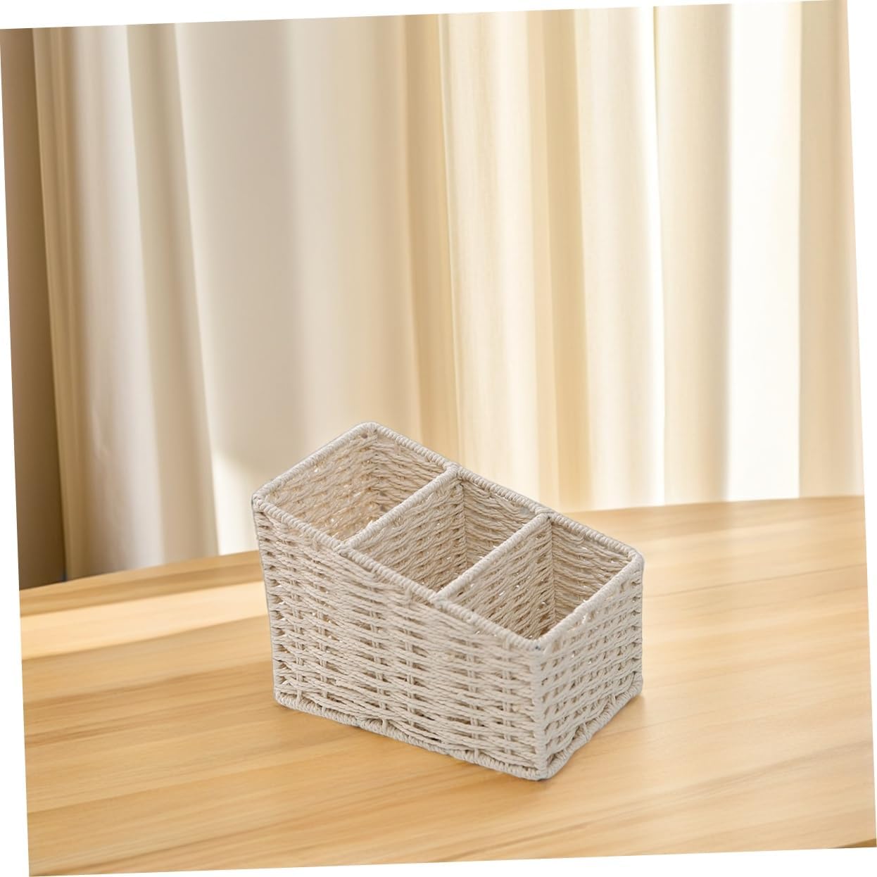 DOITOOL Trapezoidal Desktop Storage Box with 3 Compartments Waterproof Simulated Hand-Woven Basket Organizer for Office Supplies Stationery and Makeup