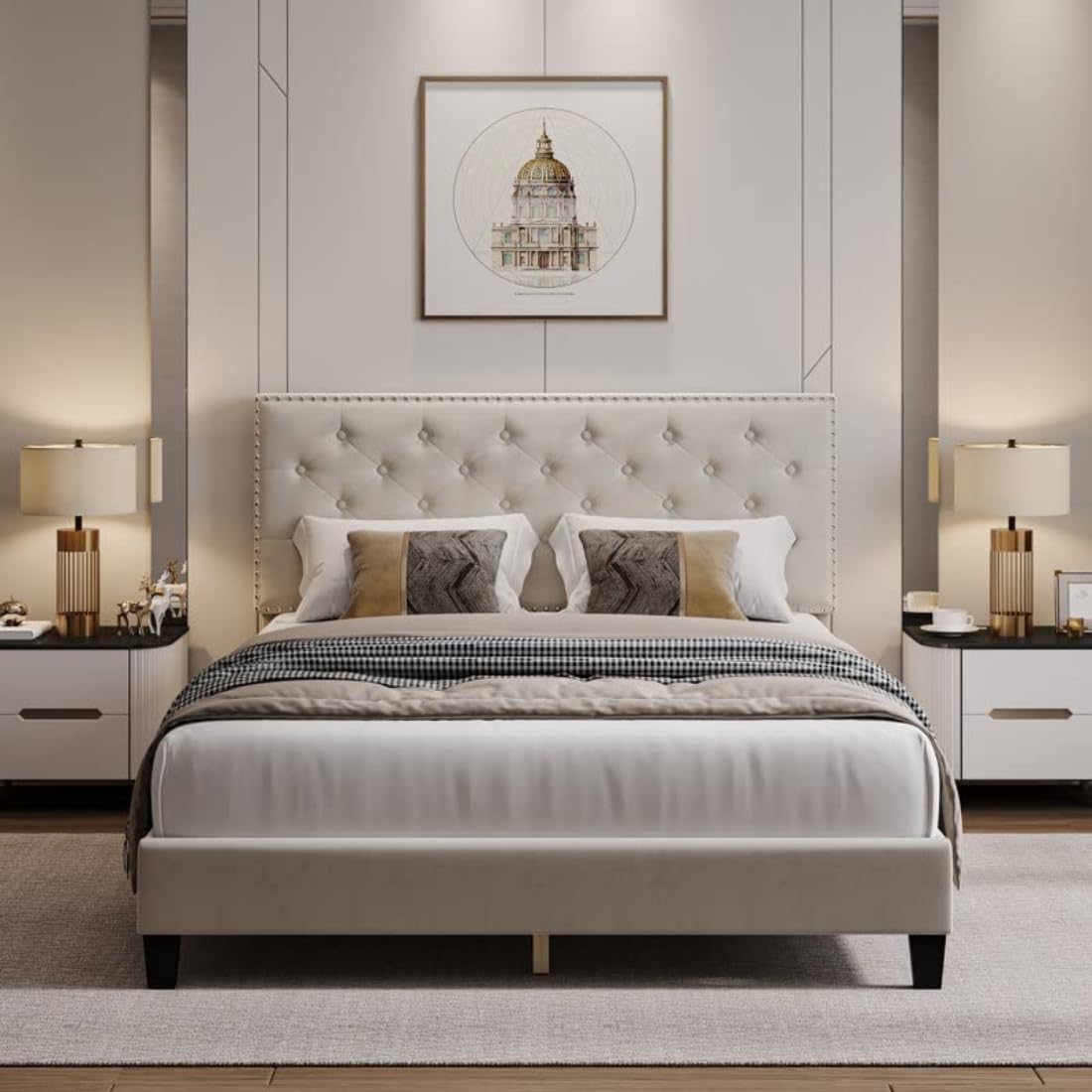 Amber Upholstered Bed Queen Size | Bed for Bedroom, Living Room | Home Furniture Bed | Fabric Cream Suede-image-1