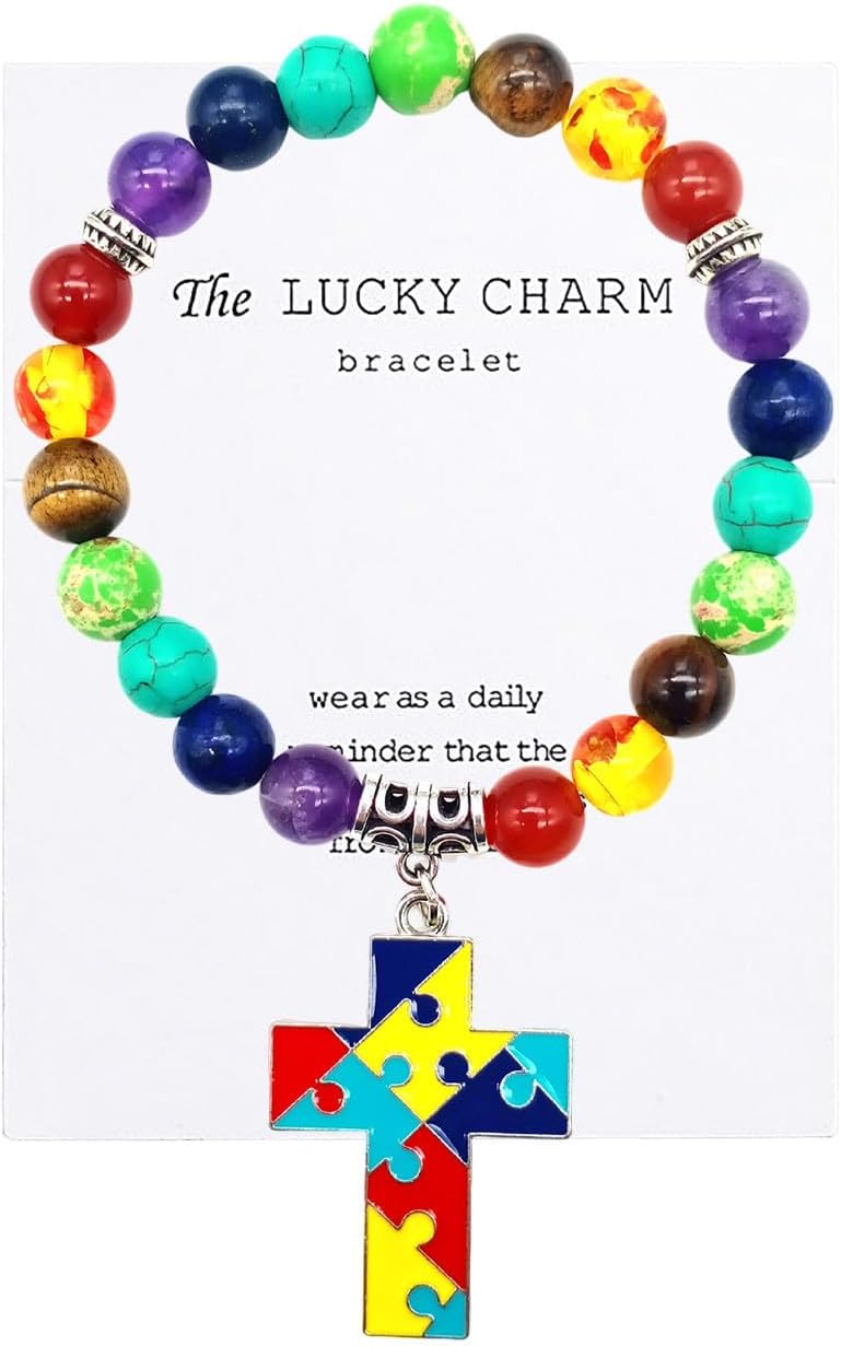 Autism Awareness 7 Chakra Gemstone Natural Stone Beaded Bracelet Love Heart Cross Ribbon Round Puzzle Elastic Cord Autistic Bracelet for Women Men Friend Yoga Meditation Jewelry Gift