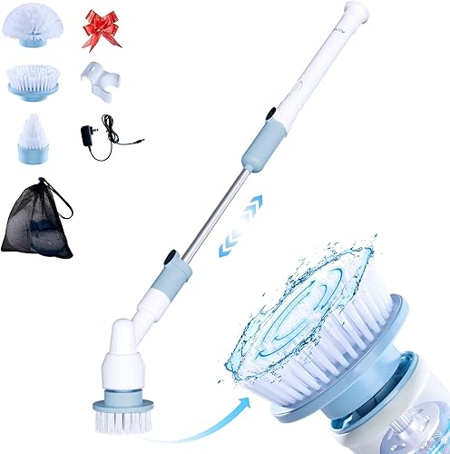 Limpiador eléctrico giratorio, limpiador de ducha inalámbrico con mango de extensión ajustable y 3 cabezales de cepillo reemplazables, limpiadores