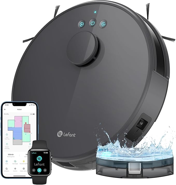 Lefant M1 Robot Aspirador y Fregasuelos con Mapeo, 5500Pa, 200 Min, Navegación Láser(LDS), Zona Prohibida, Aspiradora Robot 32cm, Control WiFi/App/Alexa,Ideal para Limpiar Pelo Mascotas, Suelos Duros