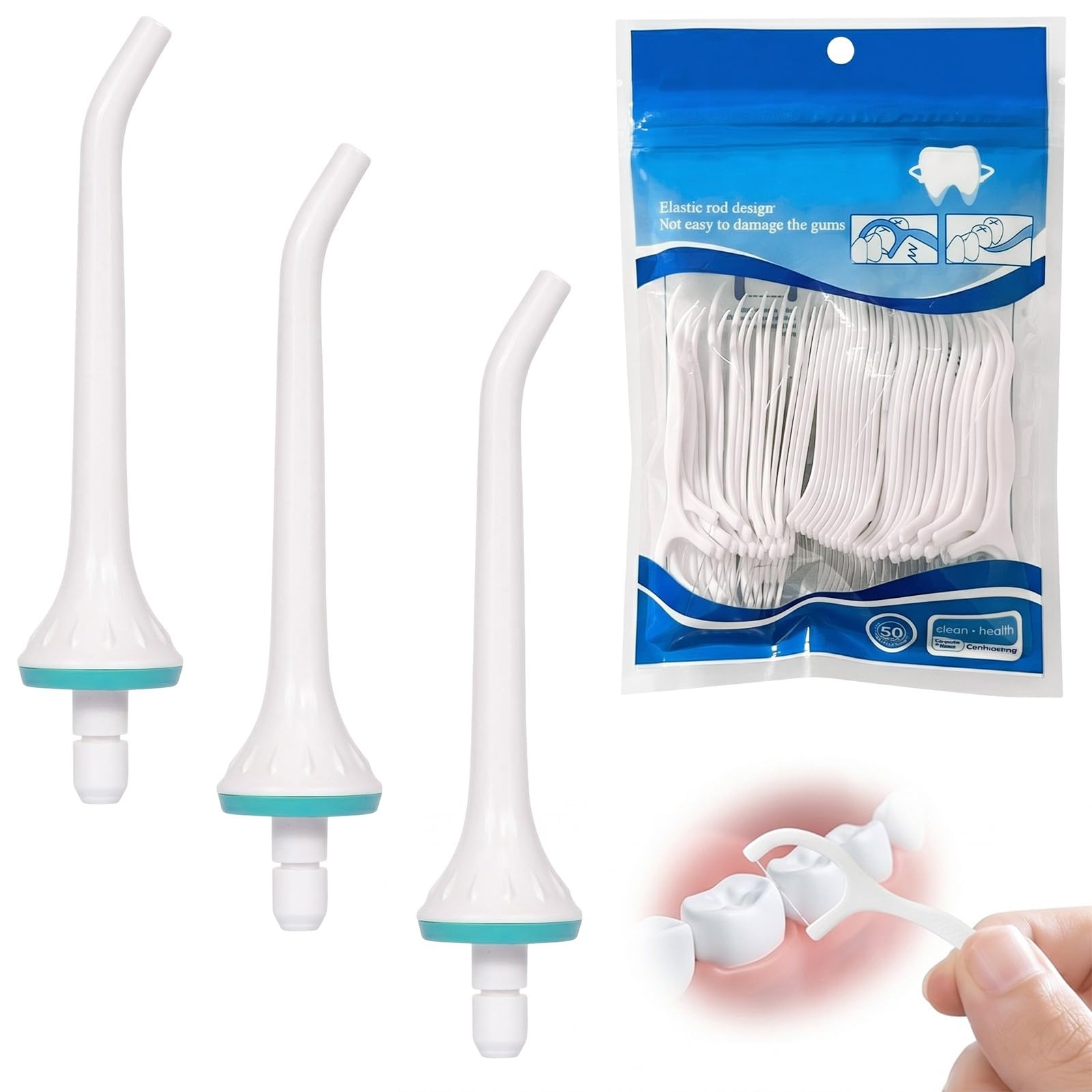 Replacement Dental Irrigator Nozzles, Pack of 3 Standard Tips and 50 Flosses, Compatible with Oralfree, Nicewell, Nicefeel, COSLUS, Mospro, Zerhunt, Oral Cleaning Accessories