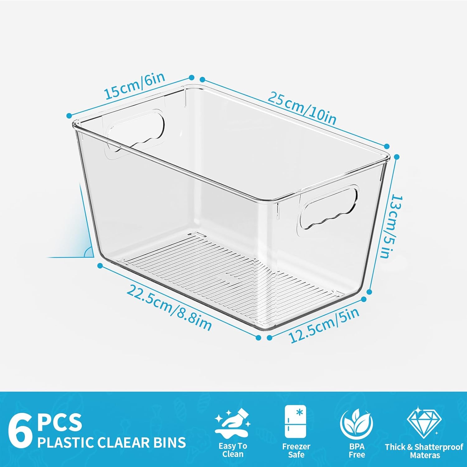 Clear Pantry Organizer Bins, Storage Containers & Plastic Containers with Handle, Cabinet Organizer, Home Organization Must Haves for Kitchen, Laundry Room, Office, Closet & Freezer (6 Pack)