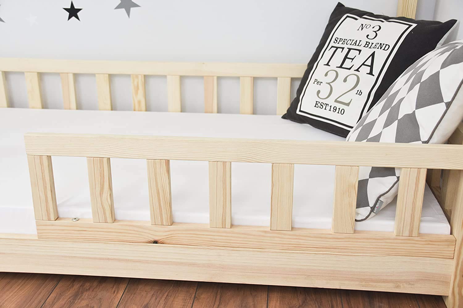 Lettino per bambini con protezione anti-caduta, in legno naturale, con o senza materasso da 10 cm, (80 x 180 cm, senza materasso)