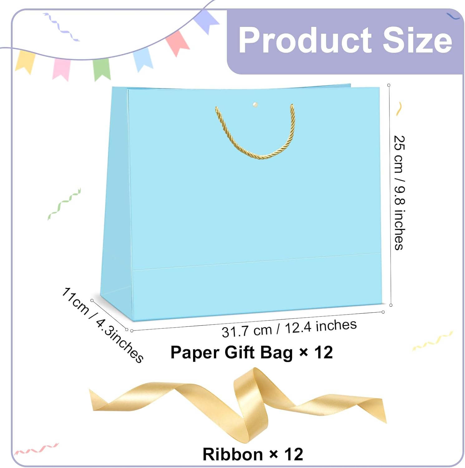 CINSOEN 12 Pcs Paper Gift Bags with Handles, Thank You Gift Bag with Ribbon Bow for Graduation Wedding Bridesmaid Birthday Baby Shower Party Christmas Thanksgiving, 12.4x9.8x4.3 inches (Light Blue) - Image 2