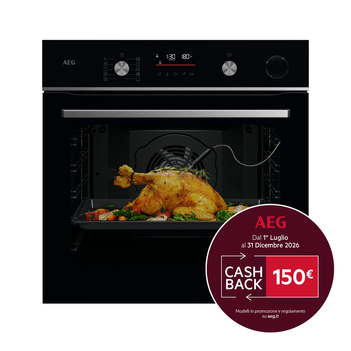 AEG OR6PB51WSB Forno a Vapore SteamCrisp da Incasso, Serie 6000, 72 L, SenseCook Multifunzione con Cottura a Vapore, Pulizia Pirolitica, 9 Programmi, Display LED