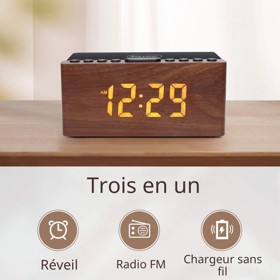 Radio Réveil Numérique en Bois avec Radio FM,Station de Charge sans fil Rapide Pour iPhone/Samsung Galaxy,Alarm Clock et Affichage LED,Variateur à 5 Niveaux,Port USB,Minuterie de Sommeil, Marron