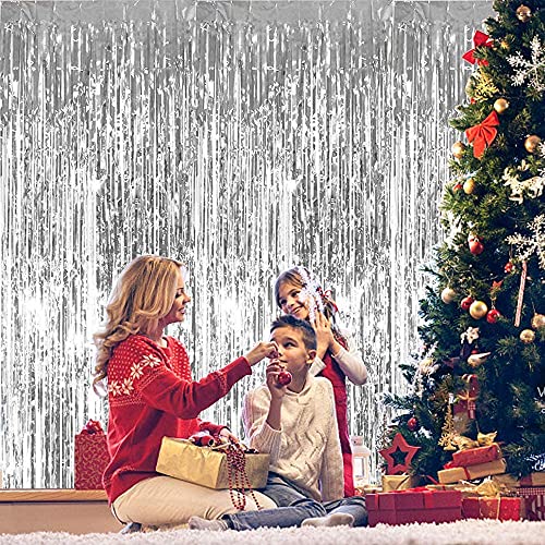 Image of 3Pcs Silver Metallic Tinsel Foil Fringe Curtains,3.2ft*8ft Silver Photo Booth Backdrop Streamer Curtain,Photo Booth Props,Ideal for Bachelorette,Birthday,Christmas,New Year Party Decorations