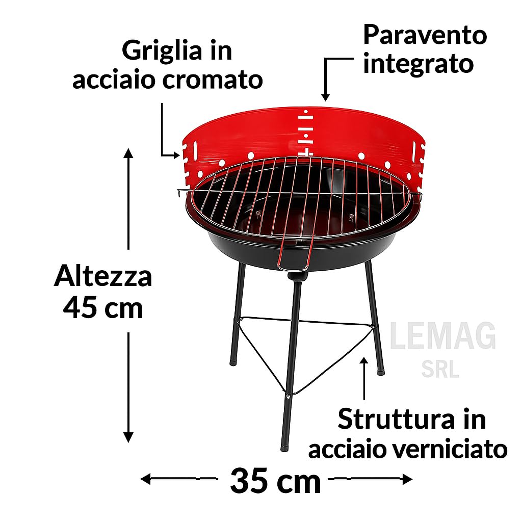 Barbecue a Carbonella ECO – Ø 35 cm x 45 cm h – In Acciaio Verniciato con Griglia Cromata Regolabile e Paravento – Compatto, Leggero, Facile da Montare – Lemag SRL