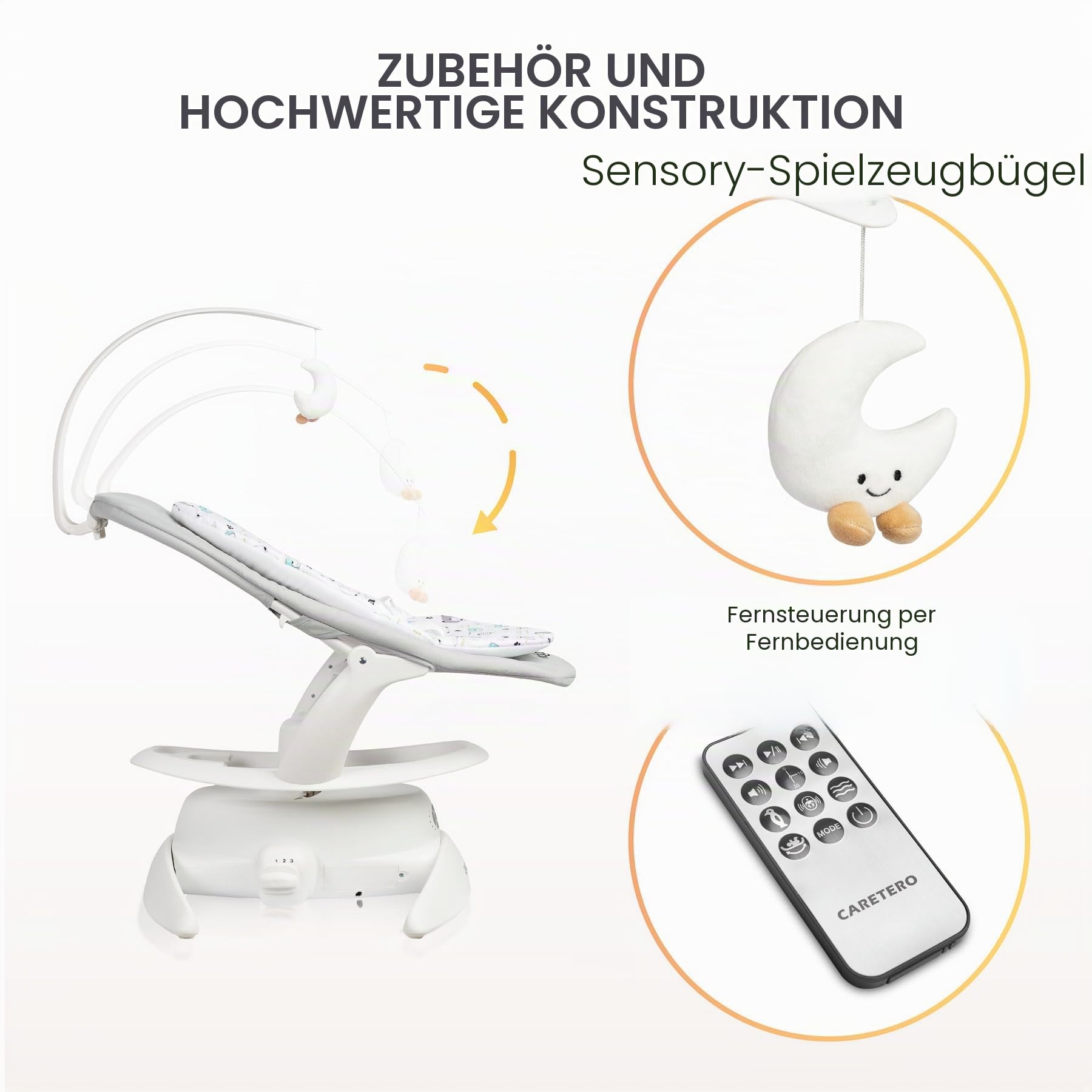 CARETERO - NOCO Baby Rocker - für Babys 0-12 Monate - mit Musik, 360° Drehsitz, Verstellbarer Rückenlehne - Verschiedene Schaukelmodi & Geschwindigkeiten - Graphit