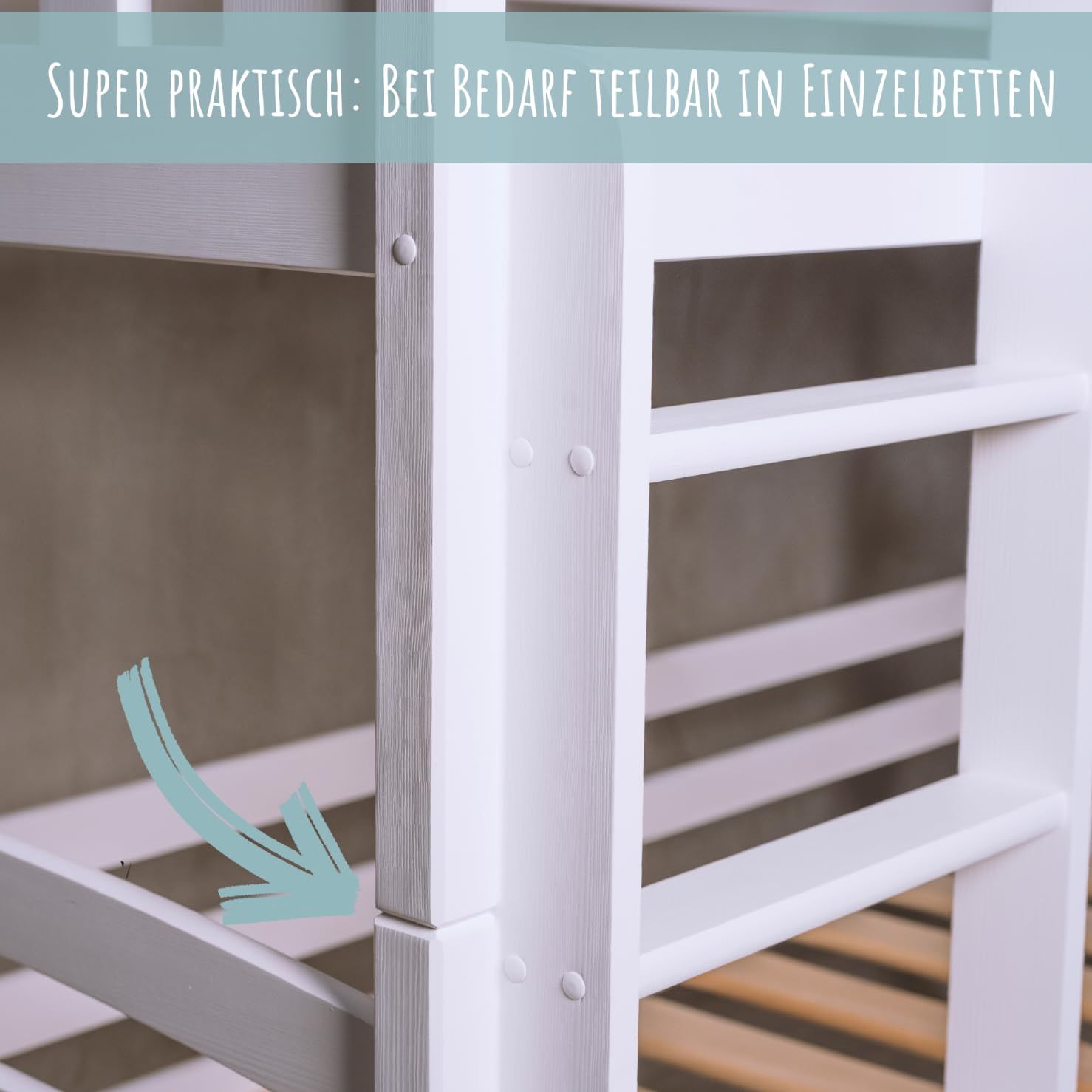 Kids Collective Hochbett 90x200 mit Ausziehbett Etagenbett Kinderbett mit Ausziehfunktion Zwei Schubladen Lattenrost Rausfallschutz umbaubar in DREI Einzelbetten, 4. bis 16. Lebensjahr Vollholz | weiß
