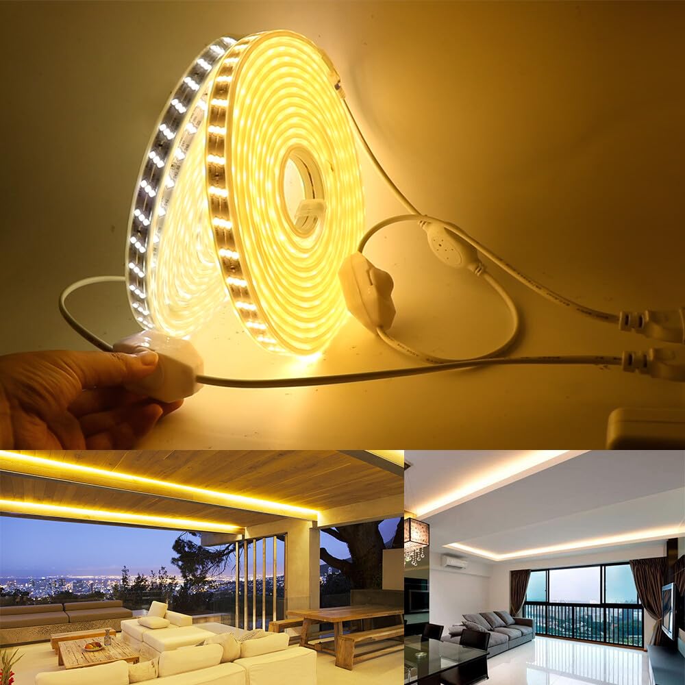 Tira LED regulable 220V [9M, Blanco 6000-6500K], IP65 impermeable flexible, SMD2835, 180 LEDs/m Mangueras LED triple fila inclinada cortable CRI85+, Iluminación para hogar/comercios