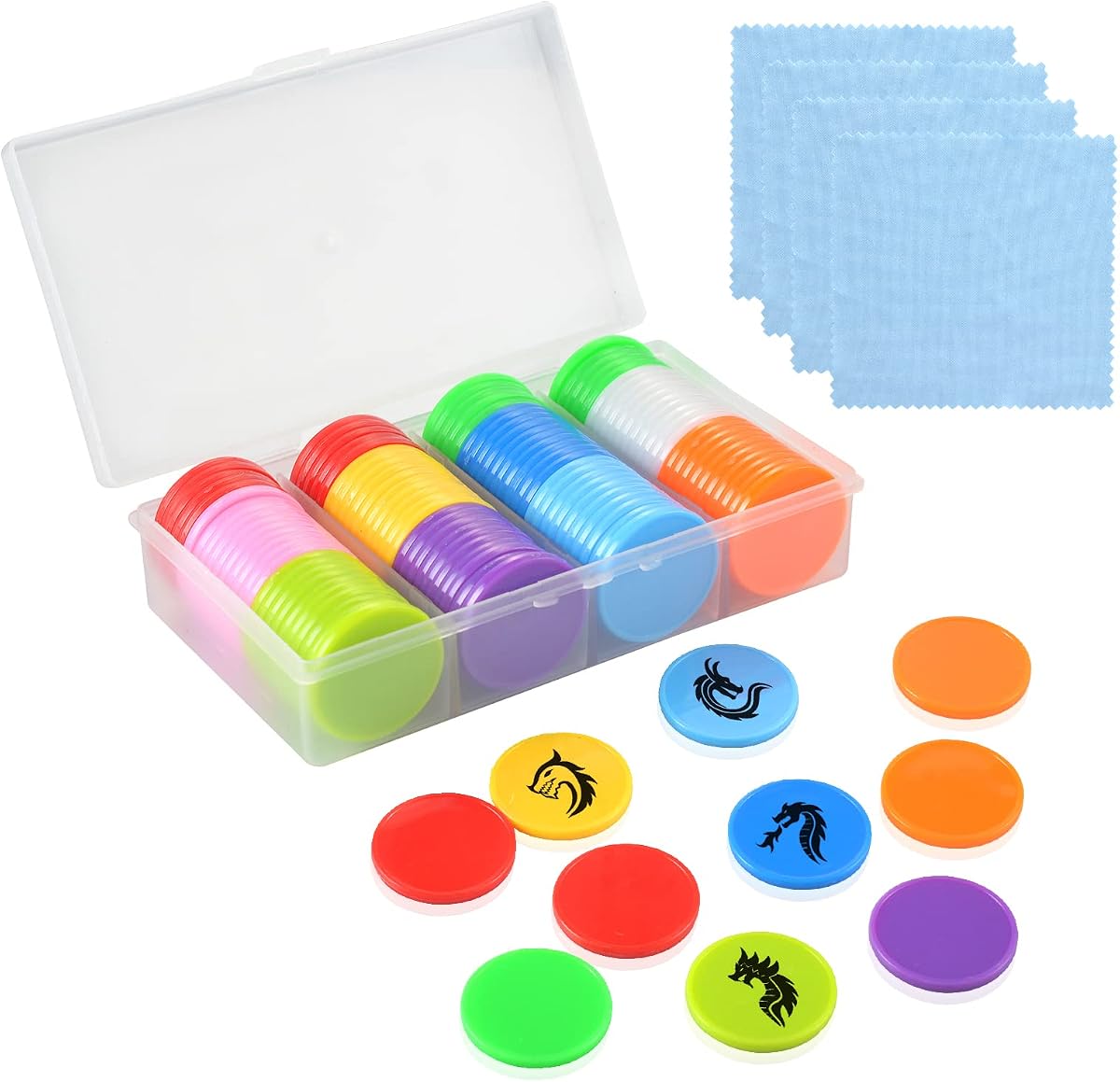 DLUGOPIS Juego de 100 fichas de borrado en seco de 1 pulgada, juego de fichas de borrado en seco con una caja de almacenamiento y 4 toallitas, discos de juego reutilizables para juegos de mesa, contadores de plástico de bricolaje, chips de 1 pulgada