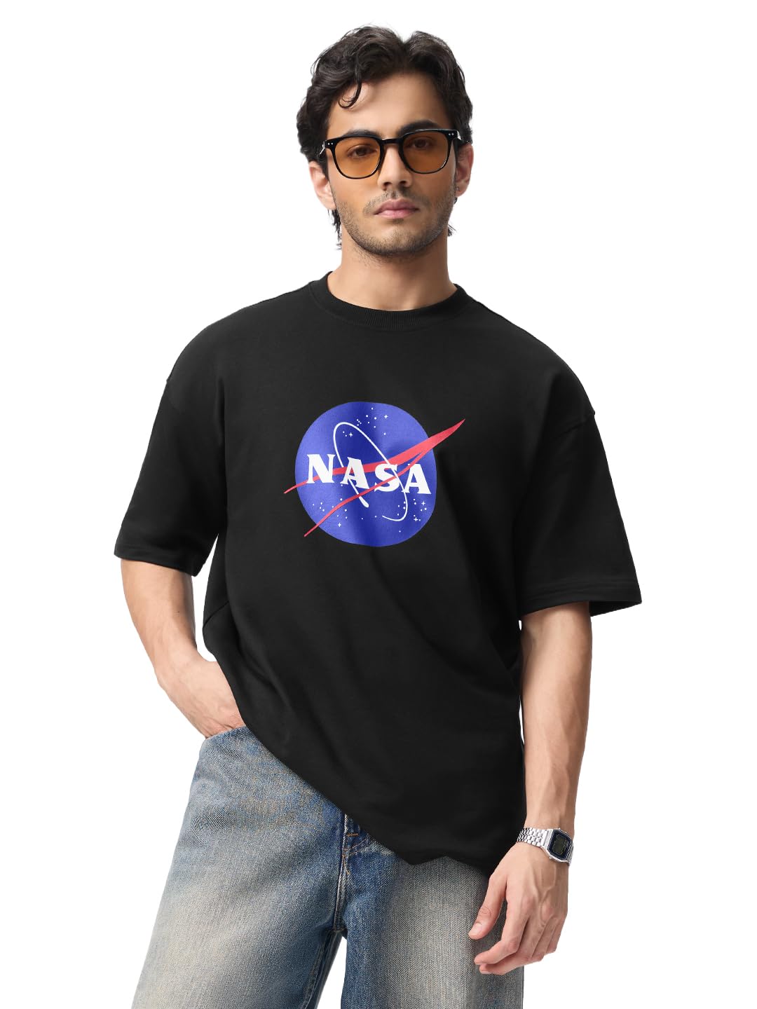 the souled store NASA: Saturn Men and Boys Short Sleeve Round Neck Beige Graphic Printed Cotton Oversized Breathable T-Shirts with Saturn V Rocket Back Print Streetwear-picture-25