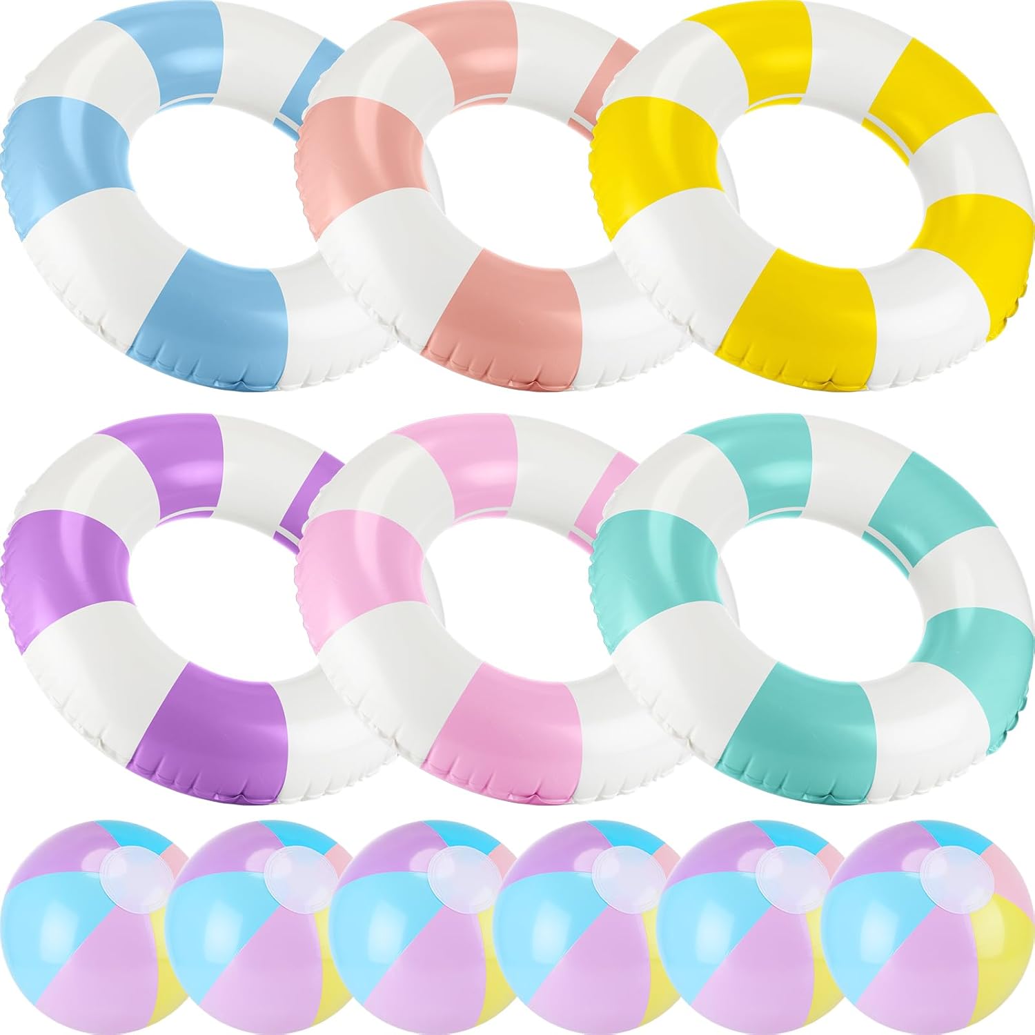 12 Pcs Pool Floats Included 6 Pastel Inflatable Beach Balls and 6 Swimming Rings for Adults, Jumbo Big Macaron Beach Balls Striped Tubes for Summer Pool Supplies