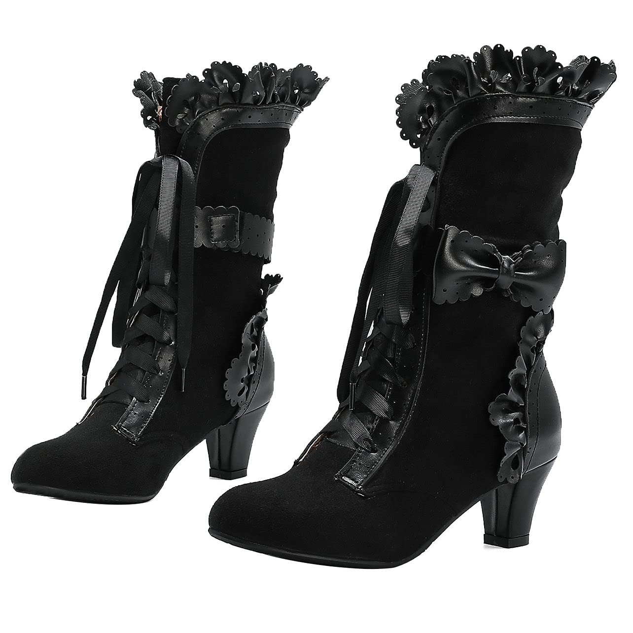 UniqueStride Women Lolita Kitten Heels Mid Calf Boots Mid Heel Sweet Bow Lace Up Cosplay Kawaii Dress Boots