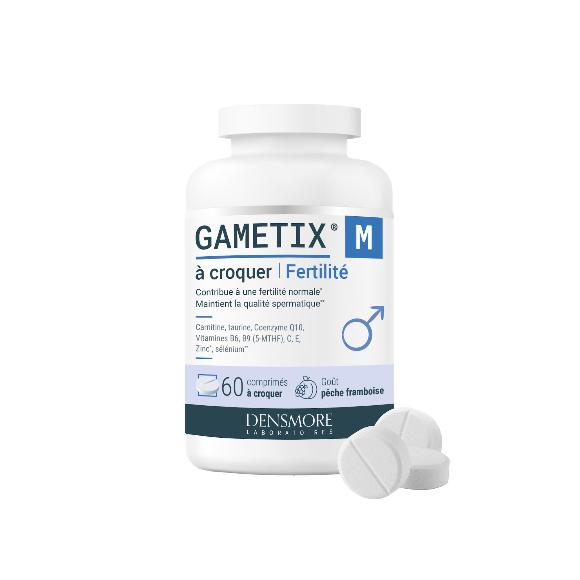 Densmore – GAMETIX M à Croquer – Complément Alimentaire Fertilité Masculine à base de Coenzyme Q10, Zinc, Sélénium, Vitamines C, E, B6 et B9 - Goût Pêche Framboise - 60 Comprimés - Fabriqué en France