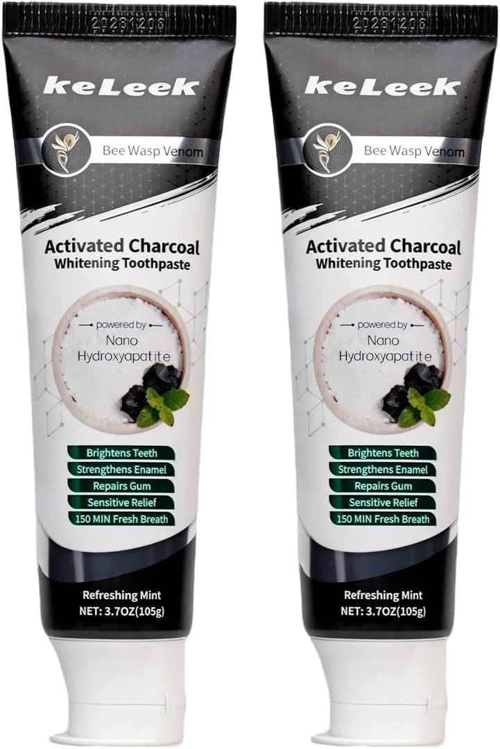 2PCS Activated Charcoal Nano Hydroxyapatite Bee Wasp Venom Whitening Toothpaste Fluoride Free -Brightens Teeth,Strengthens Enamel,Repairs Gum,Sensitive Relief -150 MIN Fresh Bubble Mint