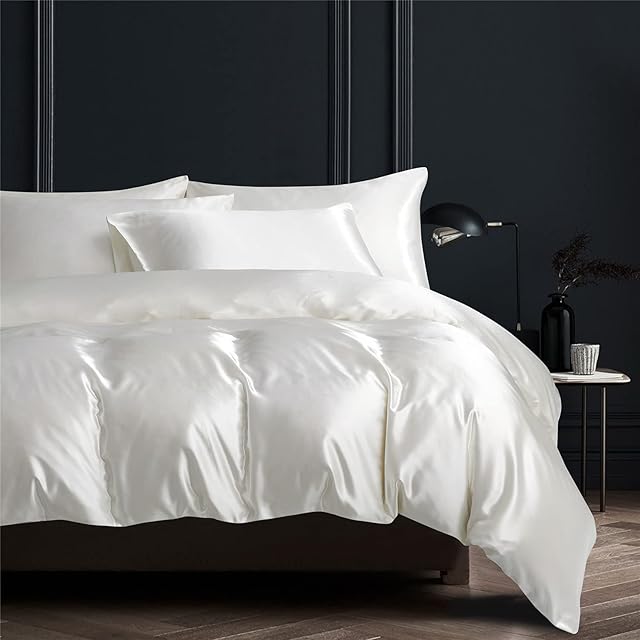 NORCH White Satin Silk Duvet Cover Set Double Bedding Set Luxury Sexy Soft Quilt Cover with Pillowcases